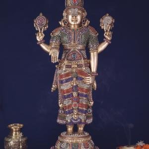 Unique Pure Brass Tirupati Balaji Idol | 33.5" Golden Butter Finish | Diamond-Studded Divine Masterpiece | 20kg Sacred Temple Murti | Jaipurio